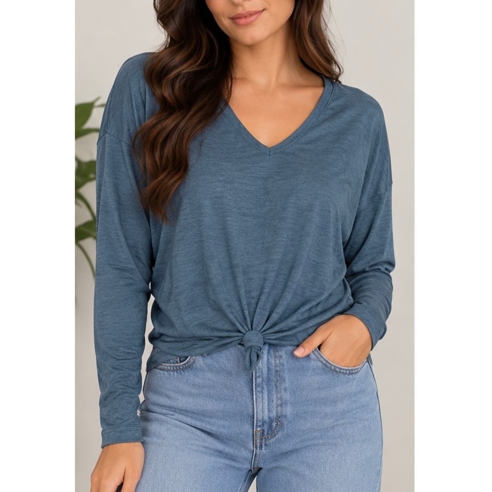Blue V-Neck Front Tie Knot Long Sleeve Top